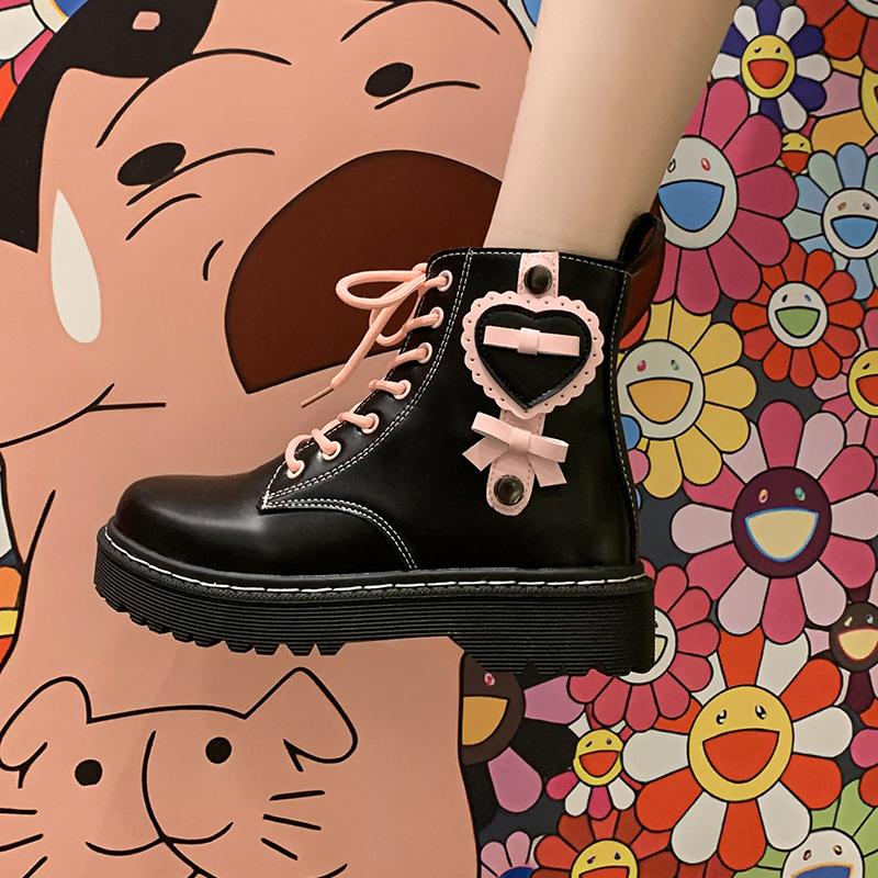 Roze Liefdevol Hart Enkellaarsjes Dameslaarzen Gothic Platte Damesschoenen Platform Vetersleer Booties Damesschoenen