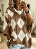 Autumn/Winter Diamond Plaid V-neck Hooded Women's Sweater - European & American Casual Knitwear.