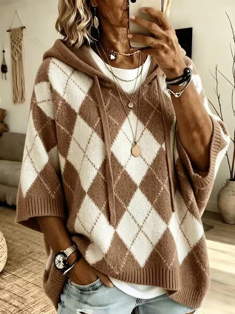 Autumn/Winter Diamond Plaid V-neck Hooded Women's Sweater - European & American Casual Knitwear.