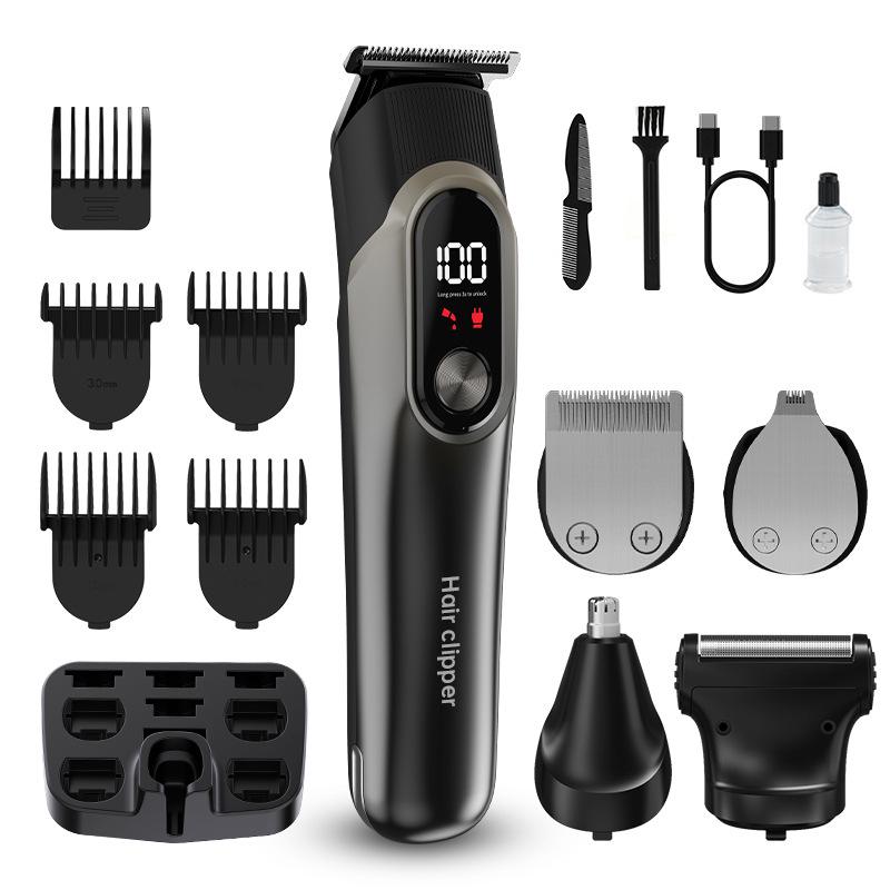 Cross-Border 5-in-1 Digital Hair Clipper Set: Electric, Adjustable, Multi-Function Shaver with Carving Feature