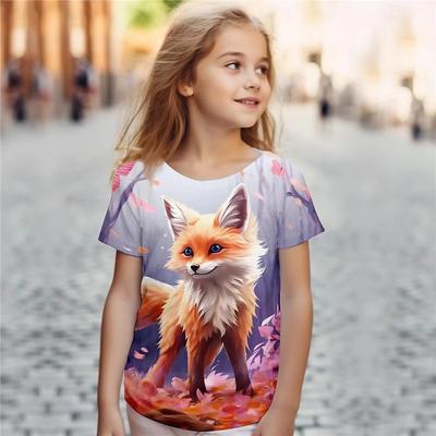 Mädchen Kinder Kleidung Druck Tier Fuchs Cartoon Rundhals Kurzarm Grafik T-Shirts Sommer Mode Outdoor T-Shirt für Mädchen