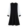 Women's Hepburn Wind Long Sleeve Color Contrast Dress Spring Lacing Waist Temperament Hollow Dress