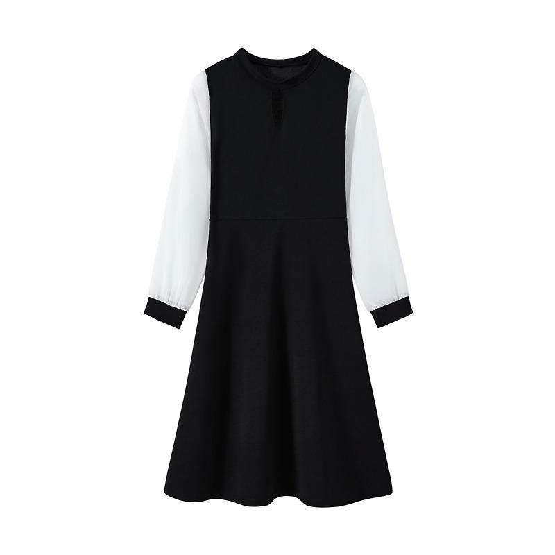 Damen Hepburn Wind Langarm Farbkontrast Kleid Frühling Schnürung Taille Temperament Aushöhlen Kleid