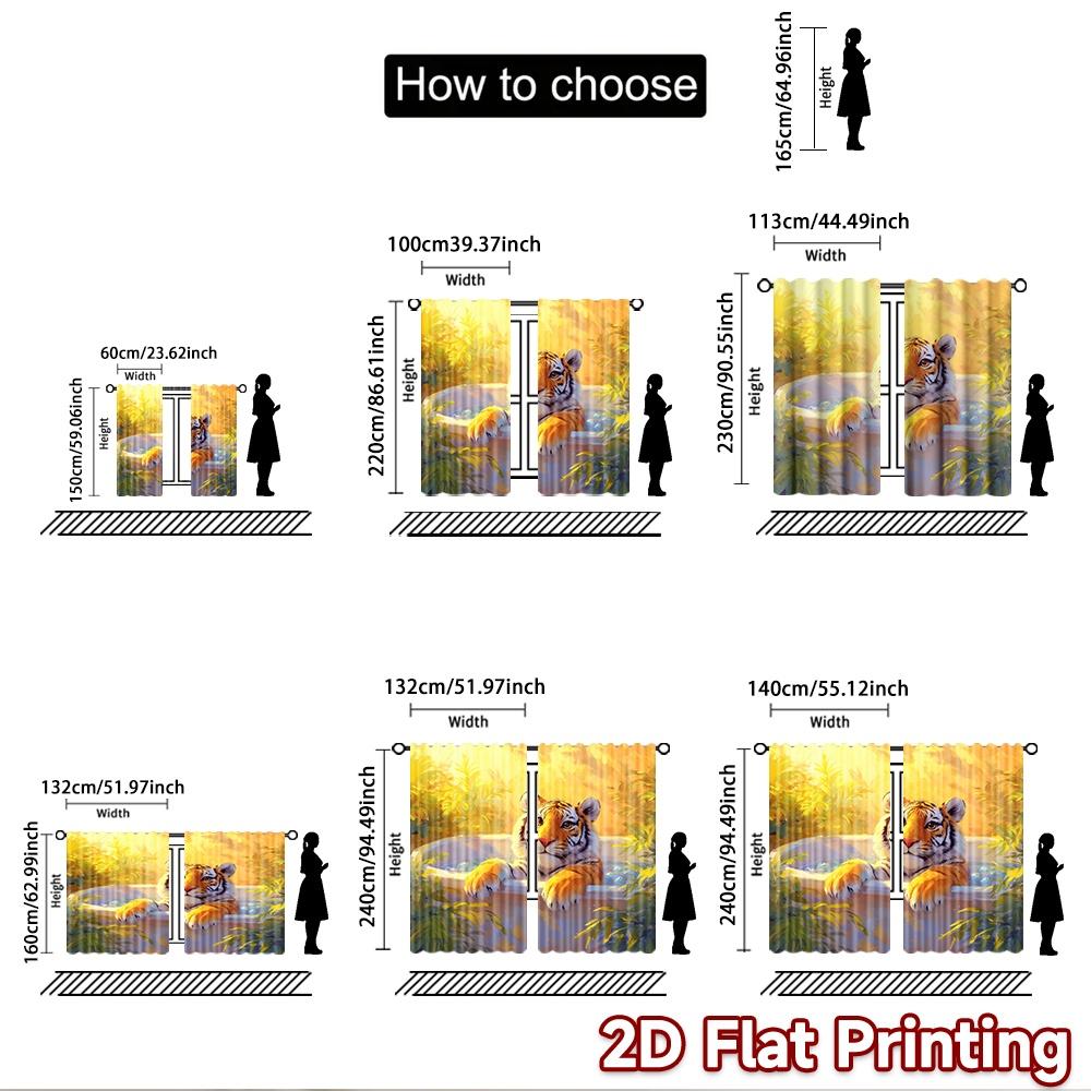 2D flat printing 2pcs Window Curtains Cute Tiger Bathing Digital Printed Polyester Drapes Party Decorations for Indoor Outdoor