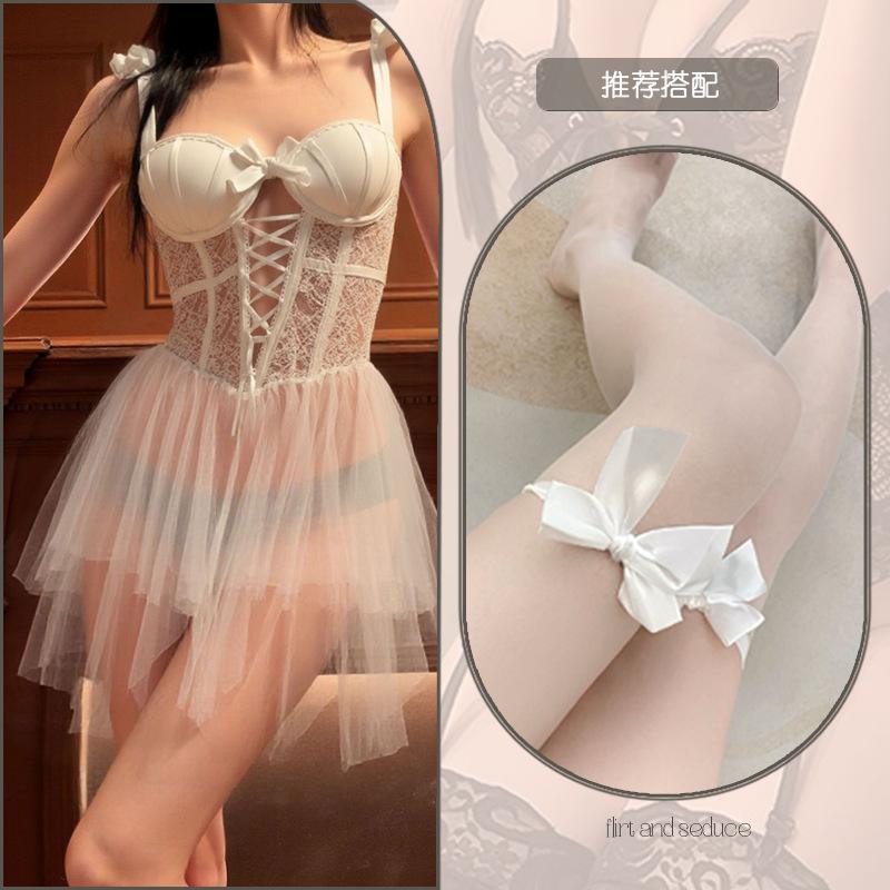 Sexy lingerie slim mesh perspective plus chest pad steel ring gathering women's suspender sex nightdress set