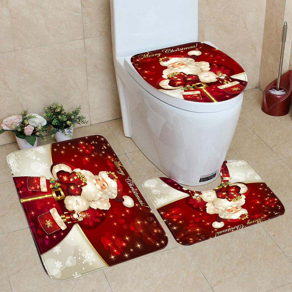 3Pcs Christmas Mat Sets Santa Claus Non Slip Mat Bathroom Doormat Toilet Seat Cover U Shaped Toilet