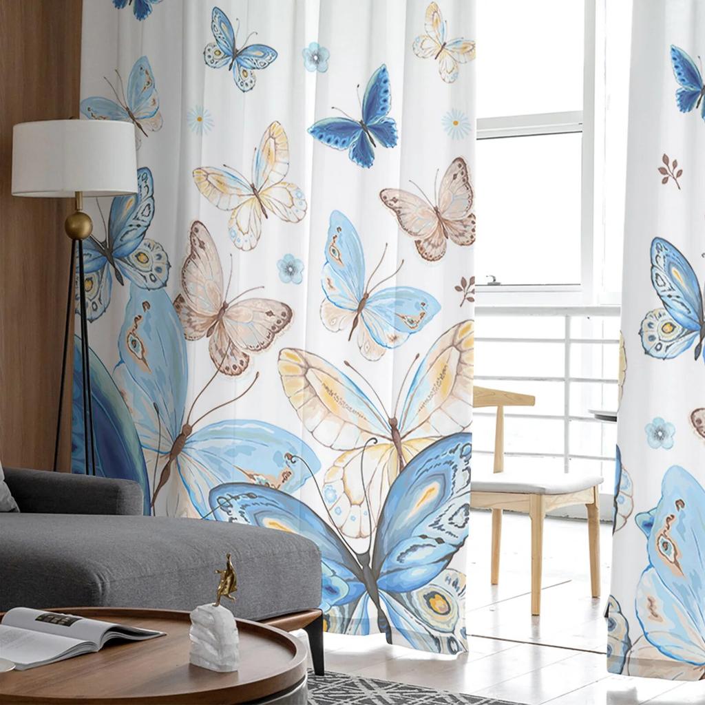 Pastoral Butterfly Flower Gradient Sheer Curtains For Living Room Bedroom Tulle Curtain For Kitchen Voile Curtain Blind Panels