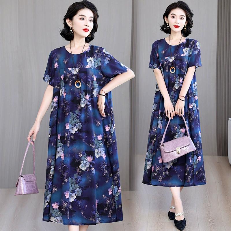 Middle Aged Mother Sleep Shirts Oversize Loose Night Dress Woman Nightwear Printed Summer Cotton Home Women's Nightgown