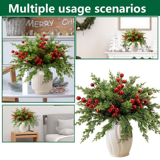 30/45Pcs Artificial Norfolk Pine Branch Christmas Red Berry Picks Faux Greenery Stem DIY Crafts Vase Garland Wreath Holiday Party Home Decoration