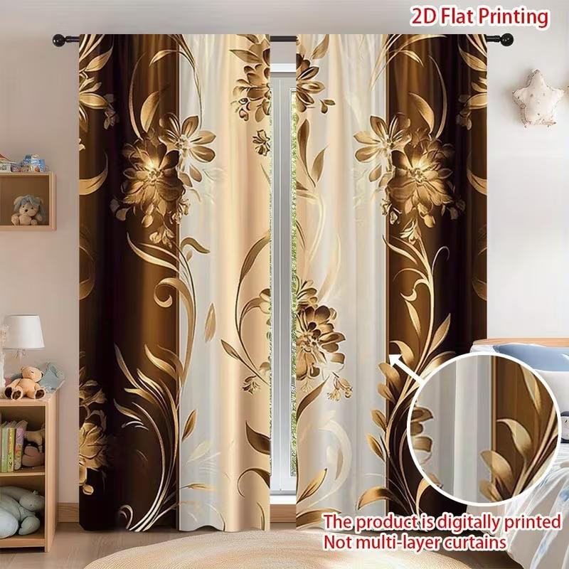 

2PC Brown Gold Floral Stripe Sheer Curtains - Luxe Vintage Print Window Drapes for Living Room Bedroom Decor 24x59in(60x150CM)x2&Rod Pocket