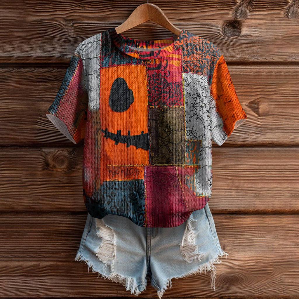 Women's Cute Sweater Knitted Fashion Casual Round-neck Short-sleeved  Cozy Print Top