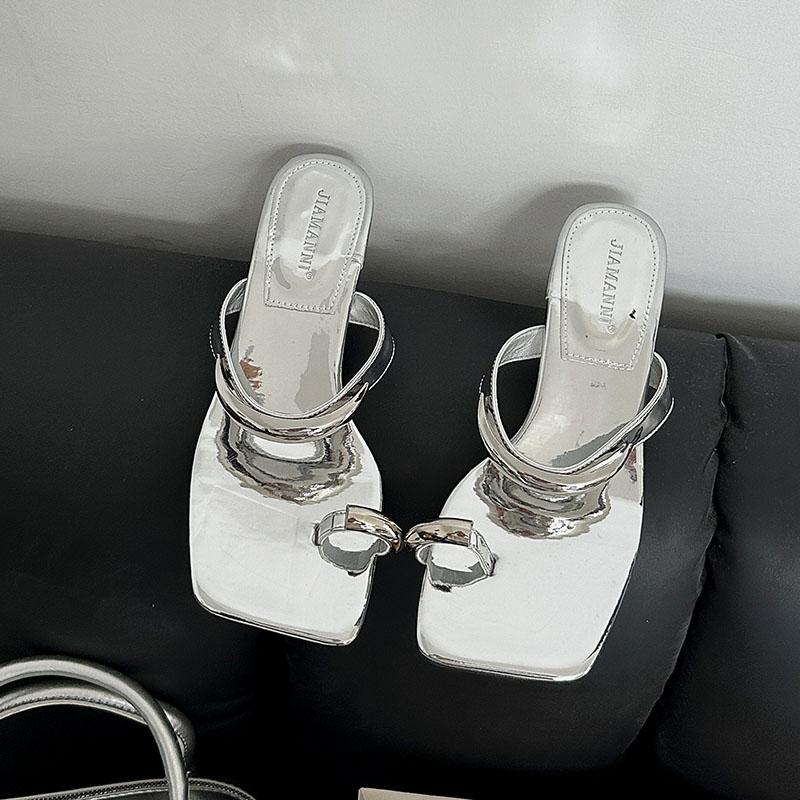 Fashion New Fashion Metal Women Low Heel Slippers Summer Beach Slides Sandals Square Toe Ladies Heeled Slippers Shoes Female Pumps