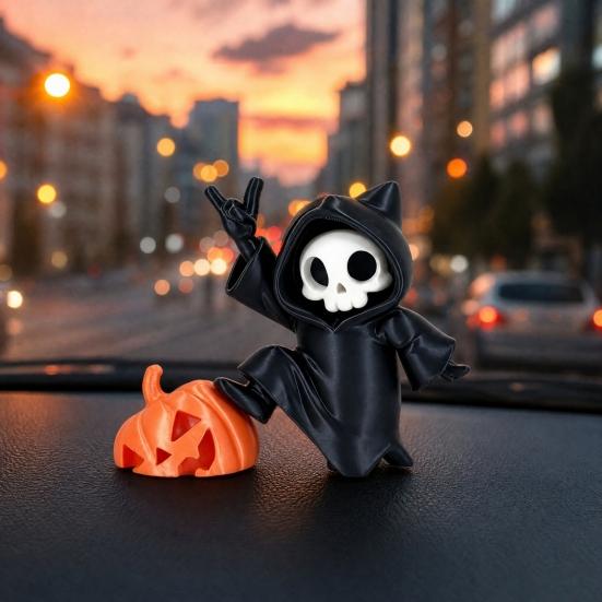 Mini Grim Reaper Statue, 3D Printed Skull Grim Reaper Pumpkin Figurine, Cute Gothic Car Dashboard Accessory for Office Desk, Home Decor