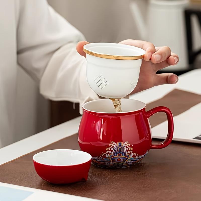 Set, Chinese Fortune Cat Tea Mug with Travel Bag, Ceramic Tea Cup with Infuser and Lid, Portable Drinkware
