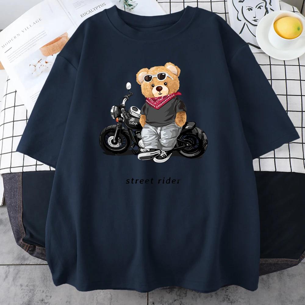 Tričko s potiskem motorkáře Street Teddy Rider Pánské Volné Street Krátký rukáv Letní Prodyšné Tričko Bavlněné Oblečení
