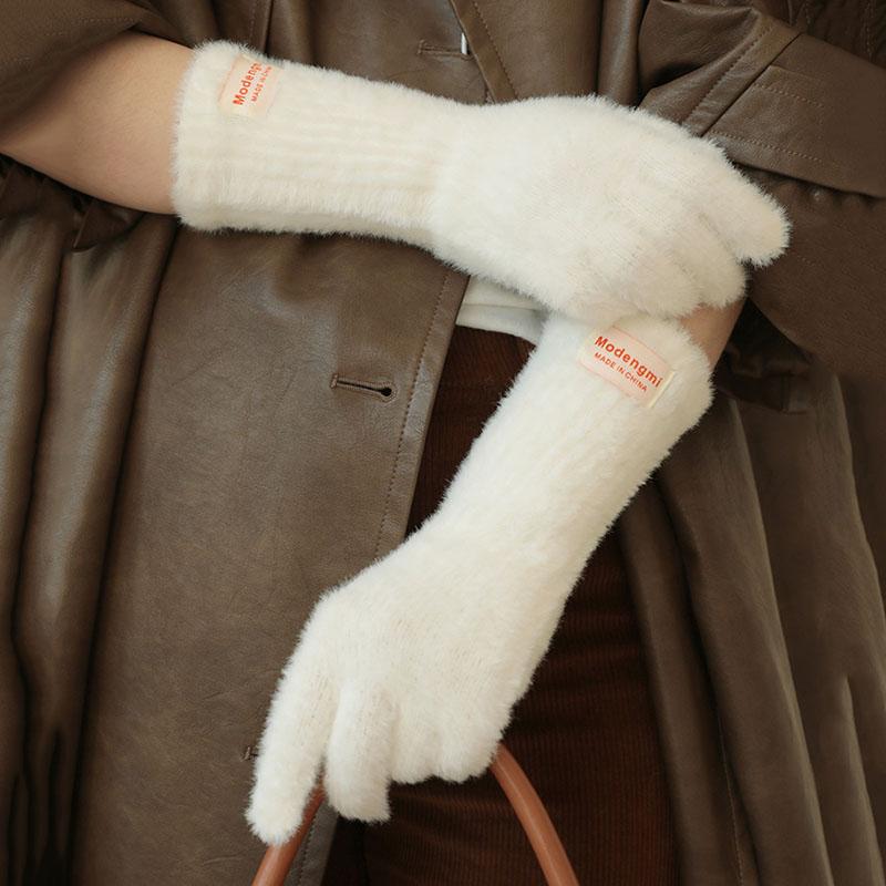 26cm Imitation Mink Velvet Fluffy Solid Women's Gloves Winter Keep Warm Fingertips Touch Screen Fashion Elegant All Match