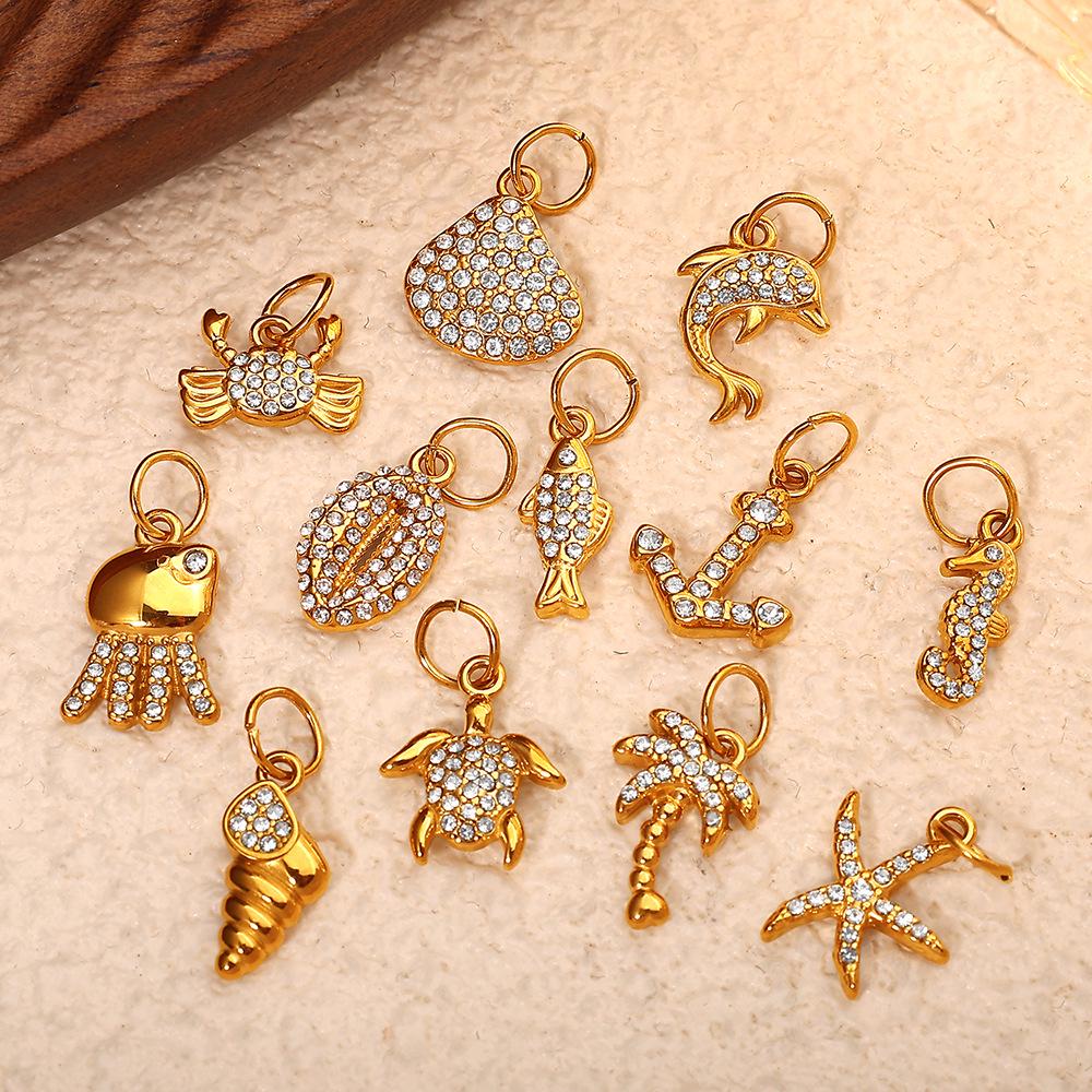 Diamond-Studded Dolphin & Starfish Stainless Steel Pendant - Cute Ocean Animal Jewelry Accessory