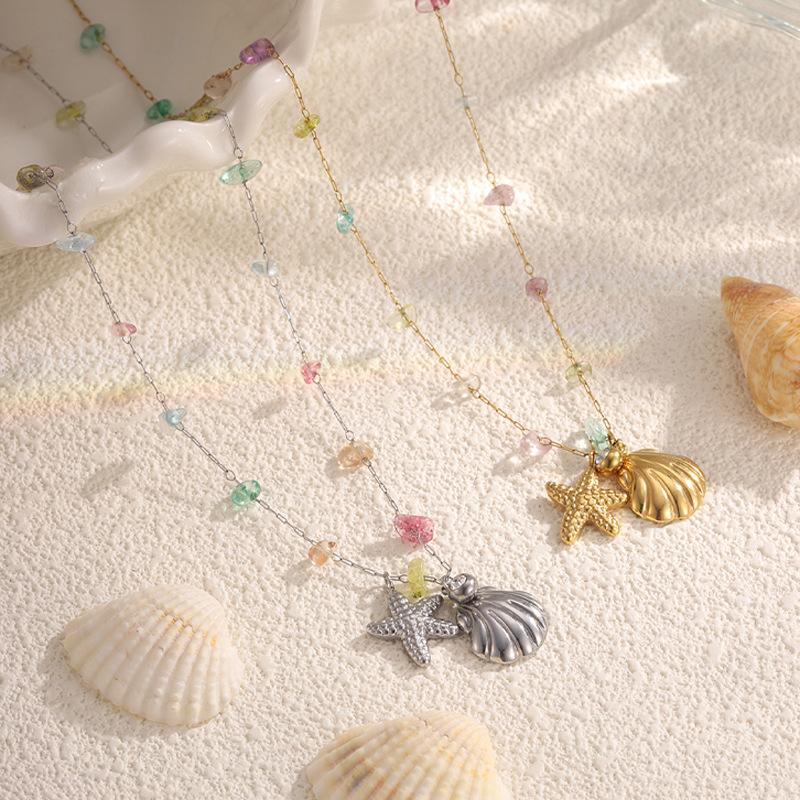 European and American Ocean Wind Starfish Shell Necklace Female Titanium Steel Non-fading Versatile DIY Gemstone Beaded Necklace Jewelry