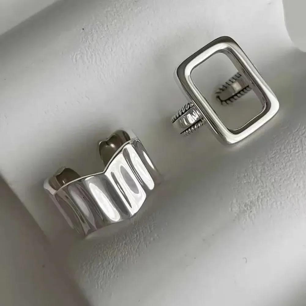 Personality Silver Color Hollow Square Geometric Mens Ring Set Punk Irregular Wave Stainless Steel Rings for Women Rock Jewelry