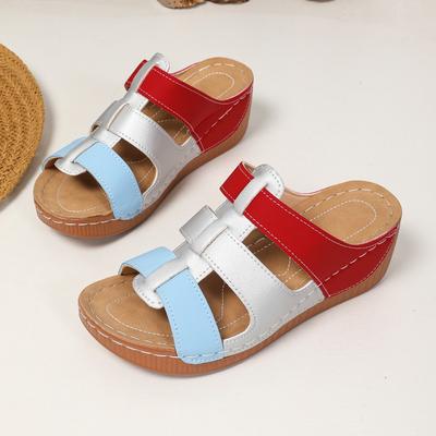 Fashion Color Matching Slope Slippers Women's Fashion Round Head Hollow-out Sewing Soft Soled Non-slip Mid-heels