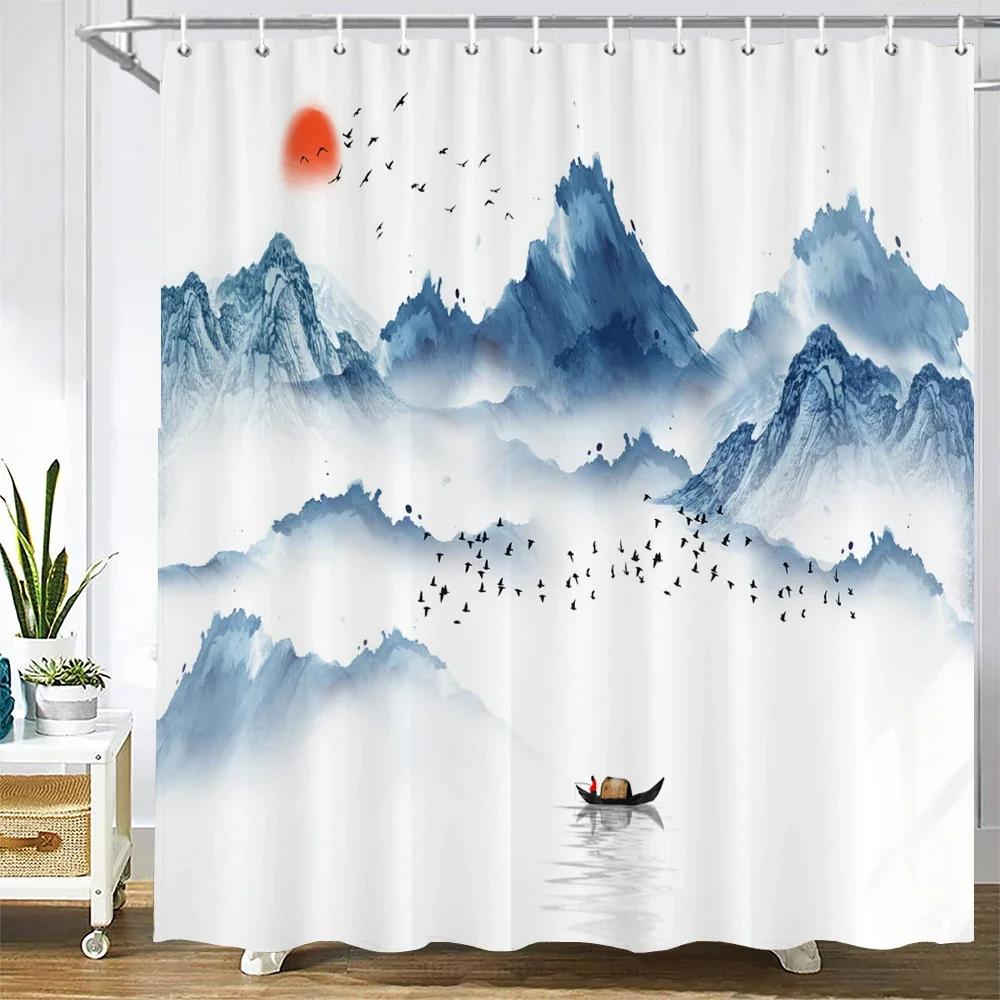 Duschvorhänge im chinesischen Stil mit Blumen und Vögeln, wasserdicht, Badezimmervorhang aus 3D-bedrucktem Stoff mit Haken, Dekoration, Duschvorhang