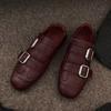 European cowhide British retro Brock shoes women's spring square head belt buckle one pedal small leather shoes
