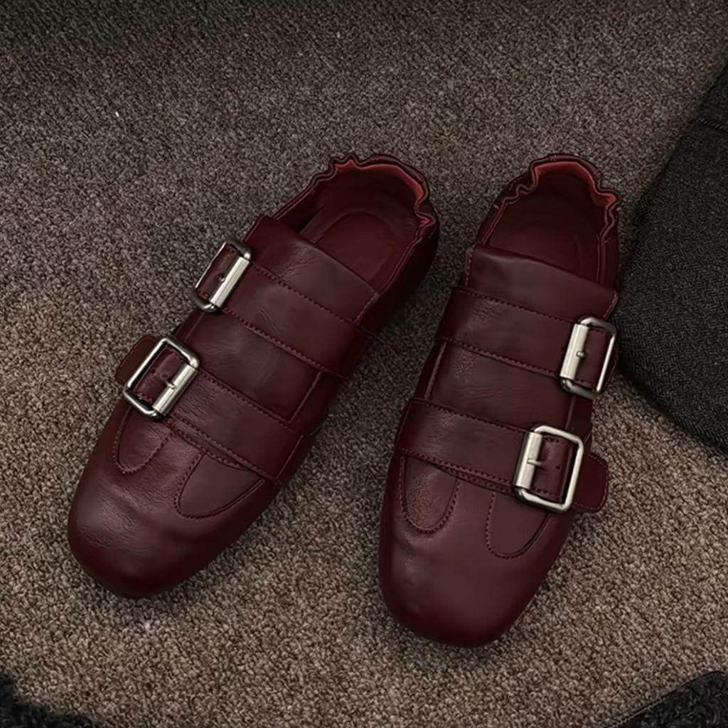 European cowhide British retro Brock shoes women's spring square head belt buckle one pedal small leather shoes