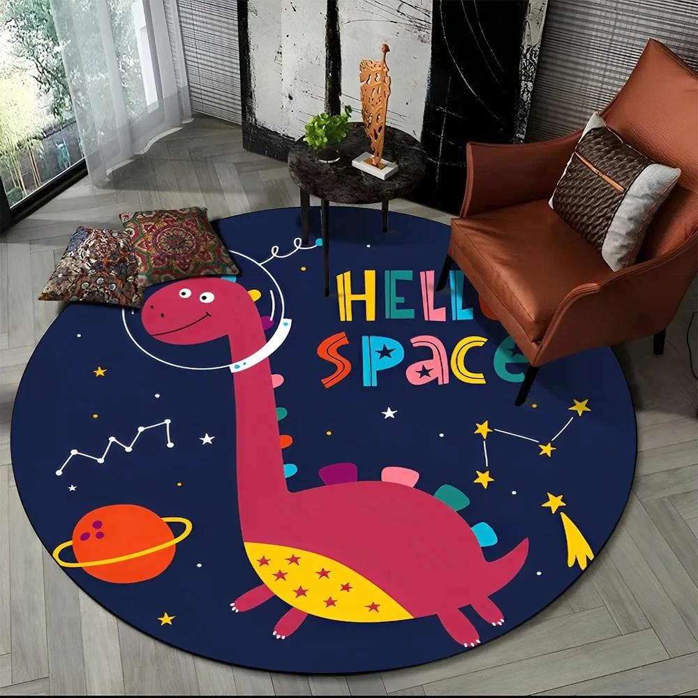Cartoon Dinosaur Round Carpet Outer Space Cute Dino Area Rug for Living Room Bedroom Sofa Decor Non-slip Children's Crawling Mat