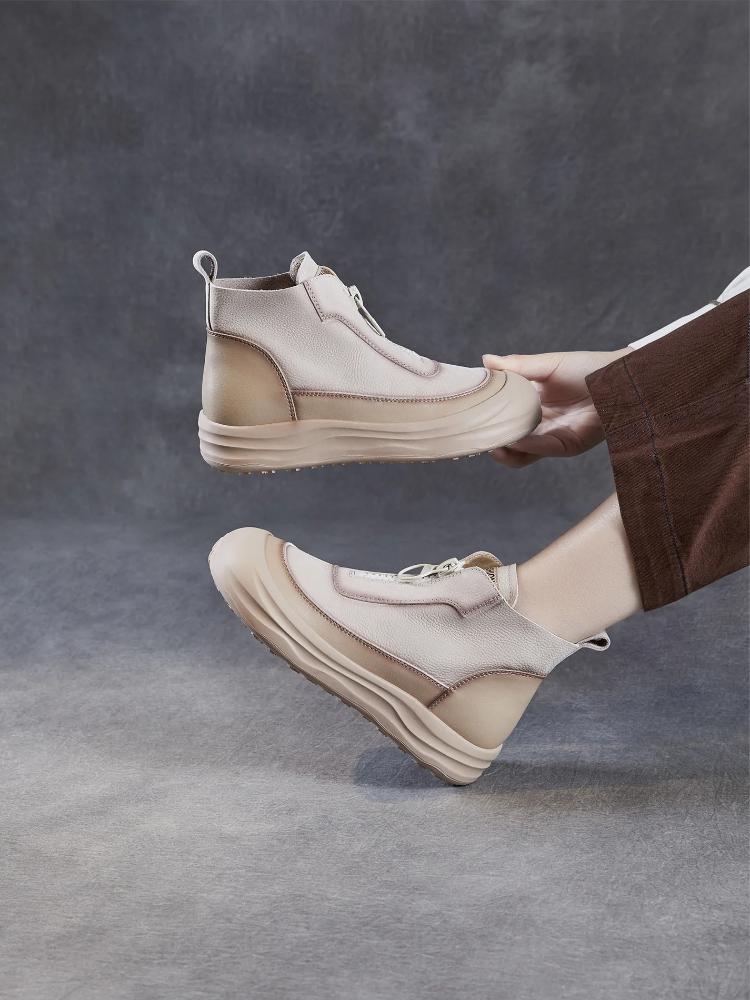 Johnature Botas Curtas Retrô de Couro Genuíno com Sola Grossa e Zíper Frontal Sapatos de Plataforma Casuais