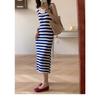 Blue Striped Dress Women's Seaside Vacation Style Loose Vest Knitted Beach Skirt Lazy Style Casual Dress