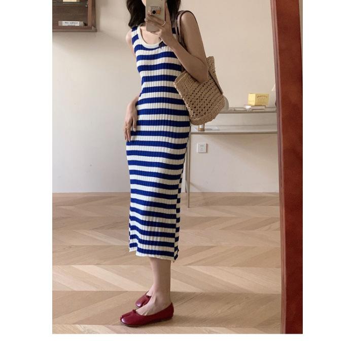 

Blue striped dress women s seaside vacation style loose vest knitted beach skirt lazy style casual dress One size fits all