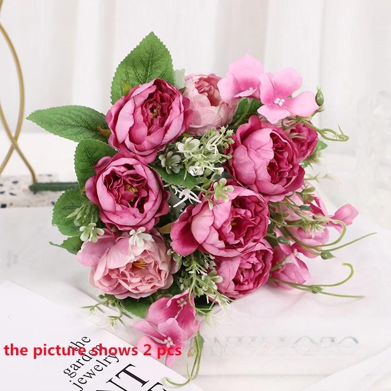 Green Aloes 2pcs Orange Horn Rose Peonies Bouquet Artificial Flowers Simulation Perfume Peony Silk Fake Flower Office Decoration