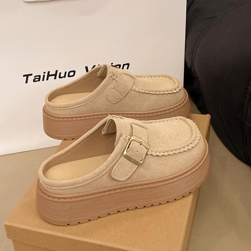 Retro Casual Muffin Sole Single Shoes Women's Spring Buckle British Versatile Fashion Platform Slippers One Pedal Loafers