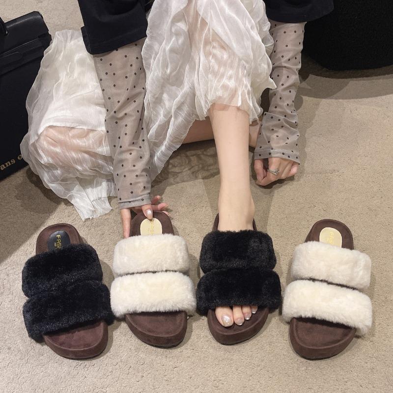 2026 Women's Fashion Slippers Round Toe Platform Sole One-line Fur Slippers Outdoor Fashion All-match Plus-size Cotton Slippers