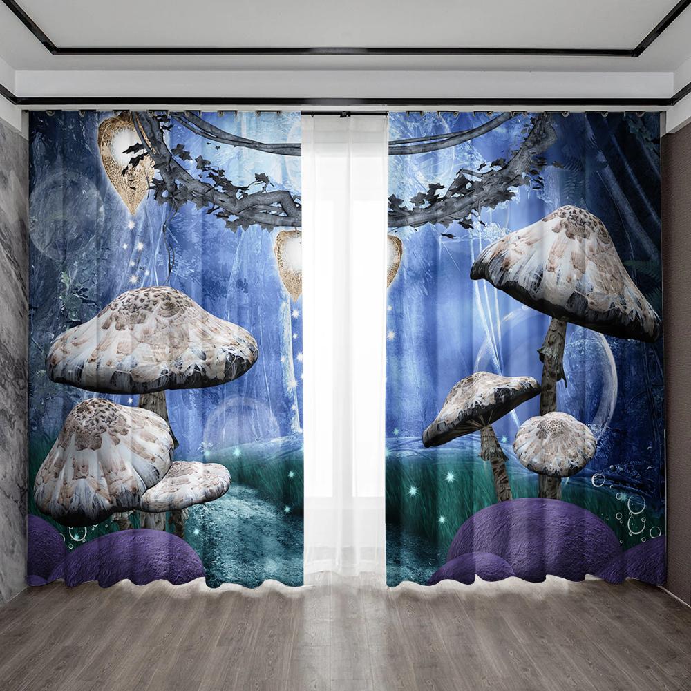 2PC Home Decoration Curtains With Cartoon Mushroom Scenes And Rod Pocket Curtains, Suitable for Kitchens, Cafes, Living Rooms