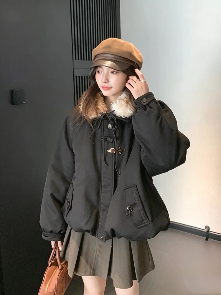 Real shot American retro fur collar cotton clothes women's autumn and winter loose college style design niche thickened coat