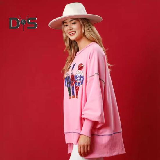 Women Sweatshirt Sequin Cartoon Pattern Slit Hem Round Neck Long Sleeves Christmas Style New Year Party Performance Top