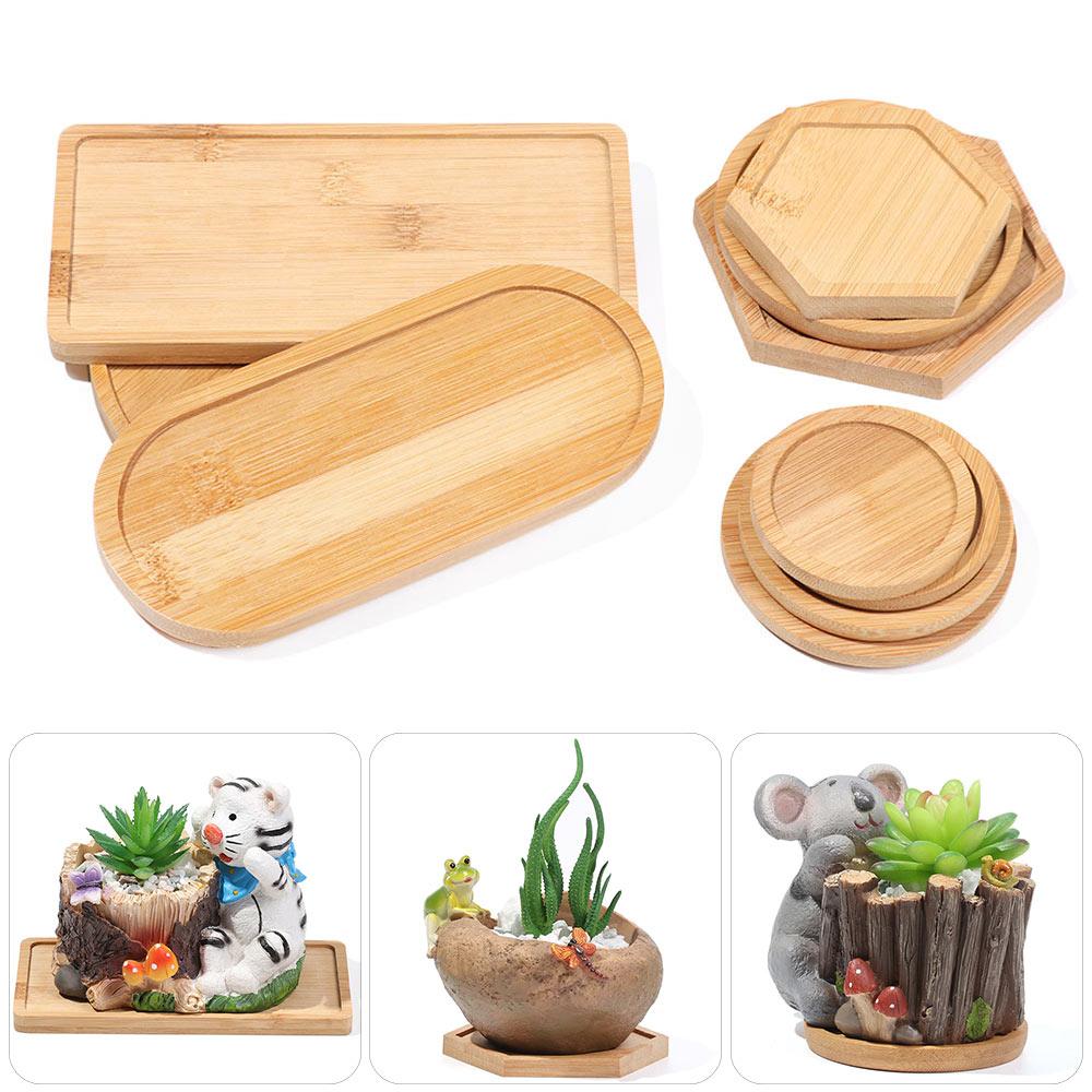 1PC Simple Bamboo Wood Tray Round Square Hexagon Flowerpot Base Planters Pot Stander Succulents Bonsai Holder Home Decor