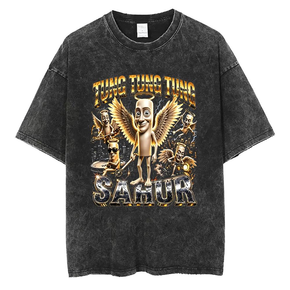 Washed Vintage Italian Brainrot John Pork Tung Tung Tung Sahur 67 Funny Meme T-shirt Casual Novelty Humor T Shirts Unisex