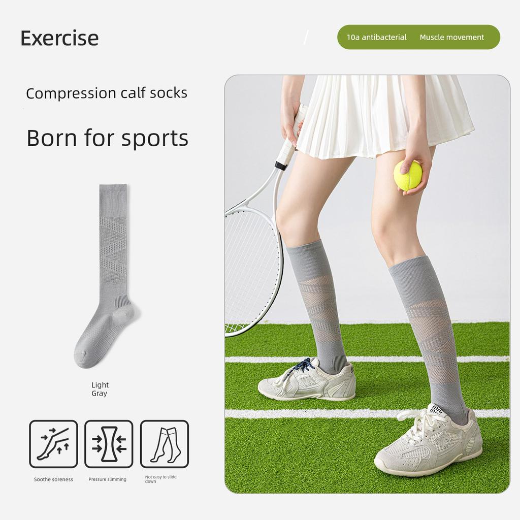 Sports Pressure Socks for Women, Summer Thin Style, White Calf Socks for Badminton, Professional Outdoor Fitness Long Tube Tennis Socks