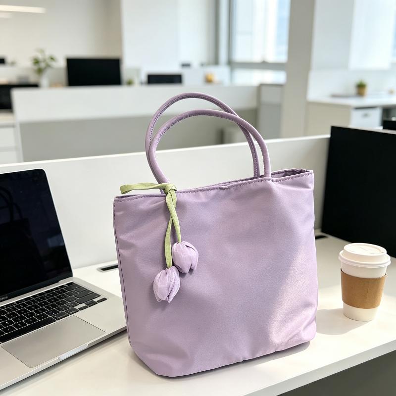 Casual Nylon Shoulder Tote Bag Lovely Tulip Pendant Lightweight Large Capacity Women Handbag for Commute Grocery Shopping