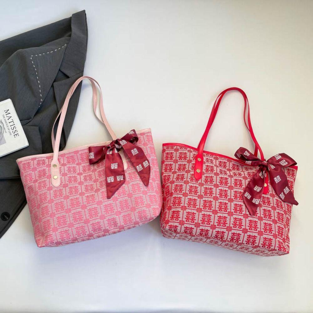 Reusable Women Tote Bag Large Capacity Bridal Shoulder Bag Traditional Red Envelope Baby Shower