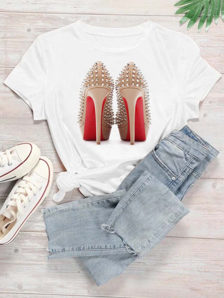 Maycaur New High Heel Wine Glasses Graphic Print T Shirt Women Funny Tshirts Casual White Short Sleeves Tops Tees Feamle Clothes