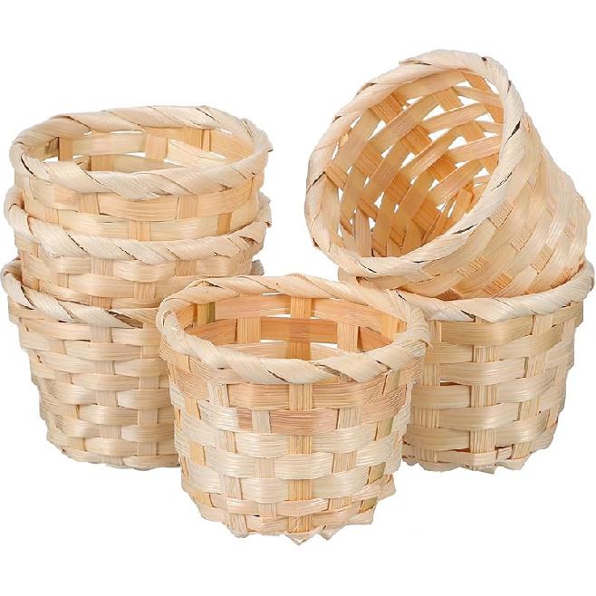 NUOBESTY 6Pcs 2.95X2.95X2.36in Mini Wood Woven Baskets Small Baskets Miniature Artifical Wood Woven Baskets Mini Straw Woven Storage Basket Without Log color 6pcs