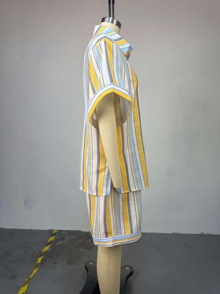 European & American Women's Striped Short-Sleeve Shirt & High-Waisted Shorts Set - Summer 2026 Collection