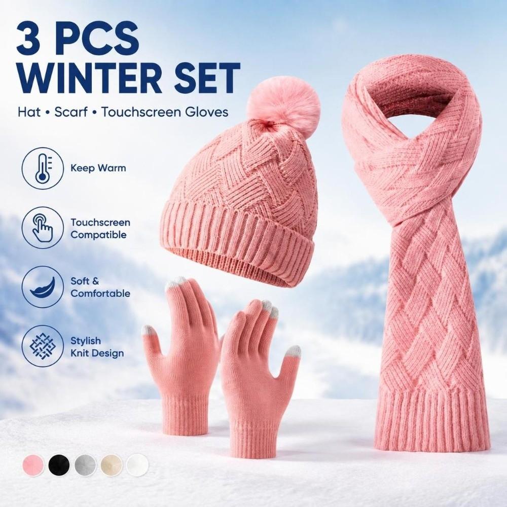 3Pcs/Set Thicken Knit Beanie Snood Set Knitted Touchscreen Gloves Unisex