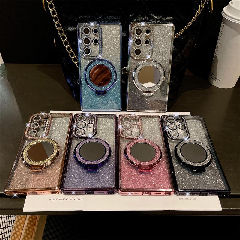 For Samsung Galaxy S23 Ultra Luxury Glitter Mirror Holder Flash Plating Diamond Frame Phone Case For Samsung S22 S24 Plus Cover