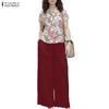 ZANZEA Women Short Sleeve Print Blouse and Long Pants Casual Two Piece Suit Sets