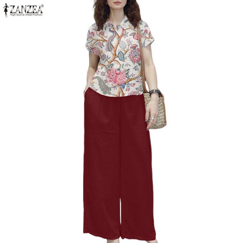ZANZEA Women Short Sleeve Print Blouse and Long Pants Casual Two Piece Suit Sets