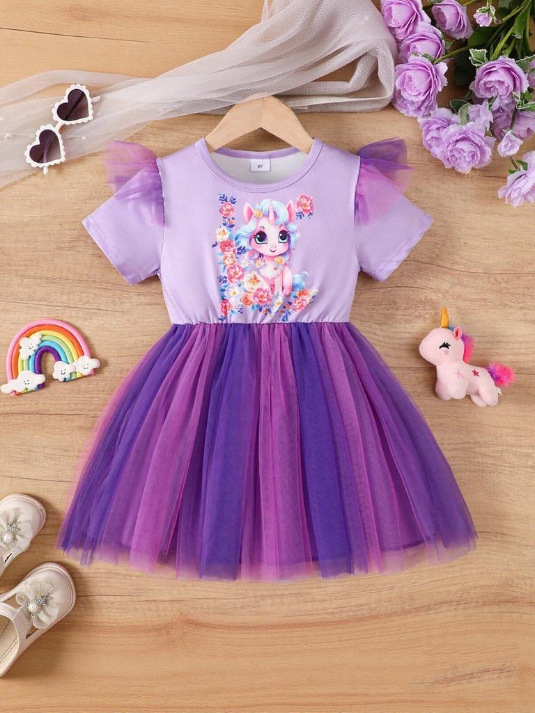 Girls Dress Age 4-7 Years Unicorn Print Summer Dress Kids Princess Tulle Party Dress for Little Girl Birthday Outfit
